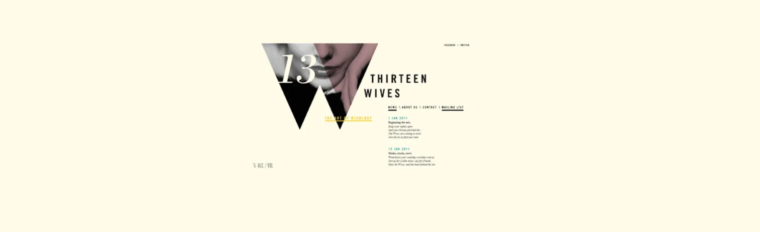 Thirteen Wives website with an image pinned to the top and an offset heading and paragraphs showing asymmetrical balance
