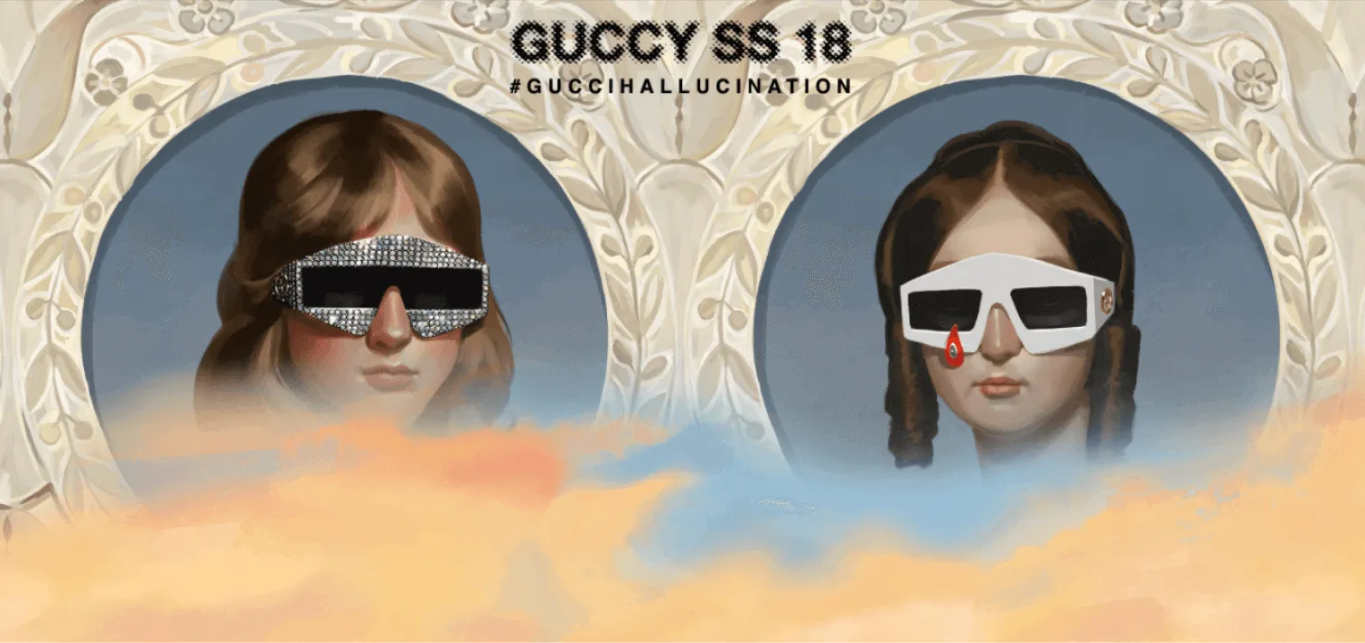 Gucci website homepage with symmetrical heads on both sides of the page