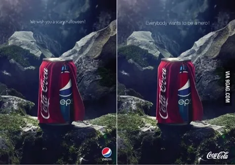 Pepsi Halloween ad with a Pepsi can in a Coca-Cola cape, next to Coke's reply reusing the same image with new copy