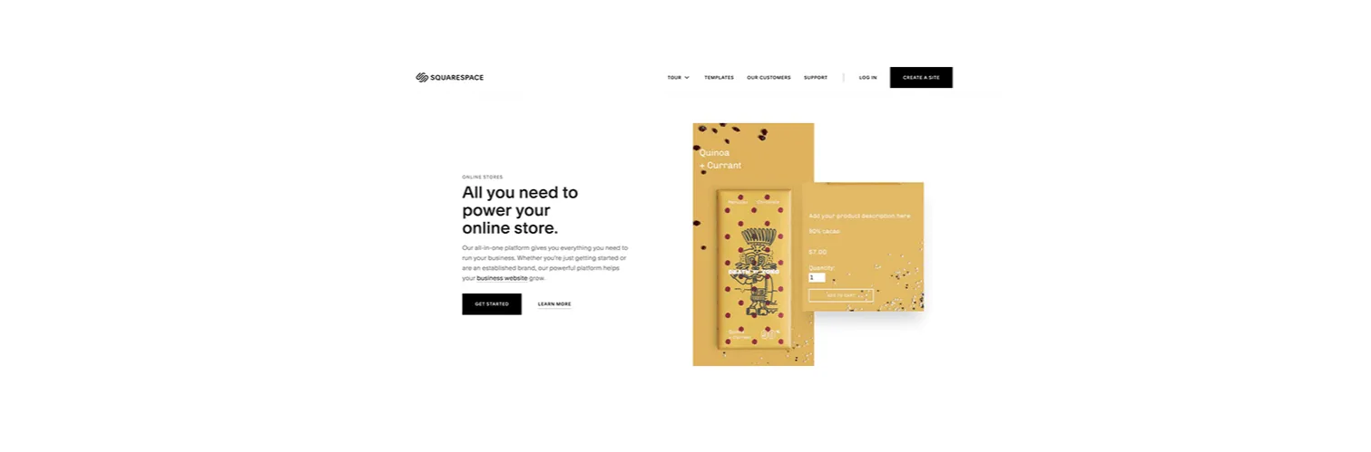 Squarespace home page with a headline on the left, a product mockup on the right and wide margins around both