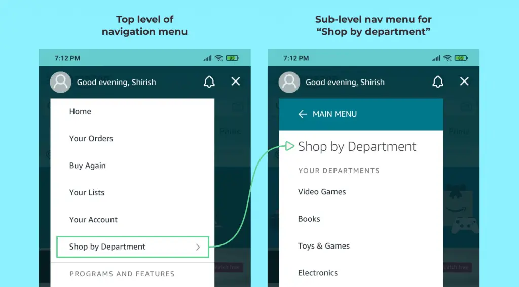 gestalt principle of continuation example in ui/ux: Multiple level navigation of amazon app