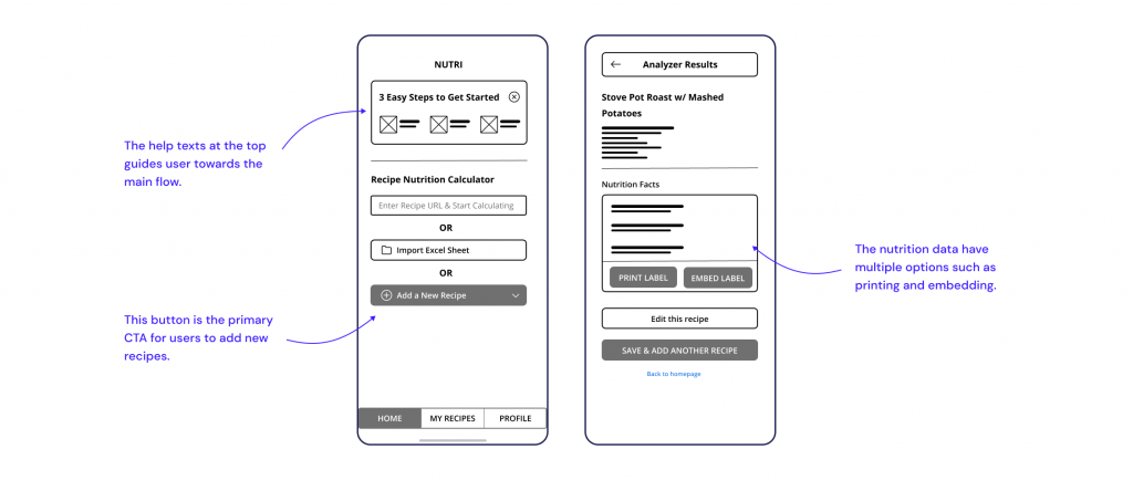 digital wireframe of nutrition calculator app