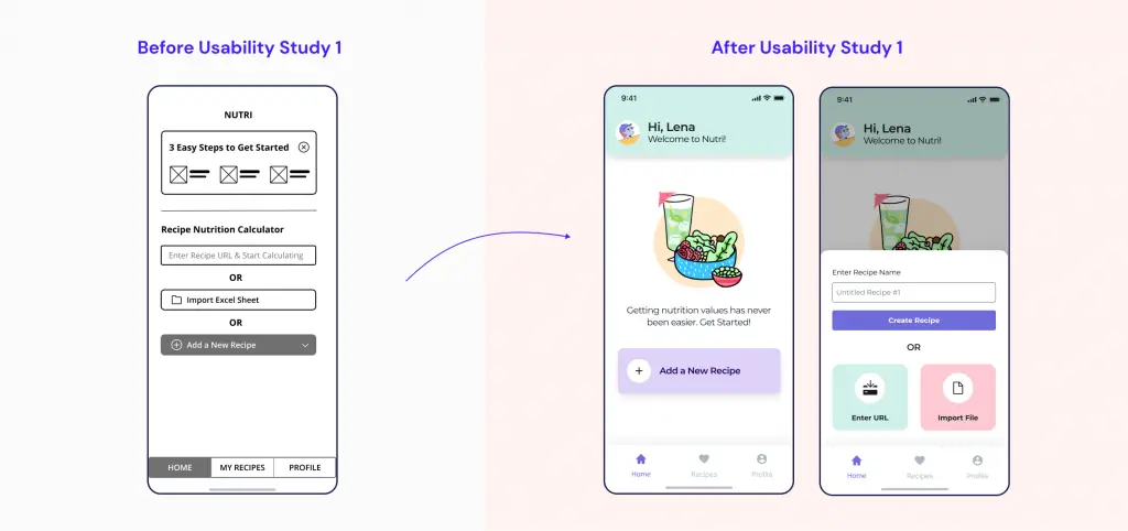 before and after changes from findings of usability study 1